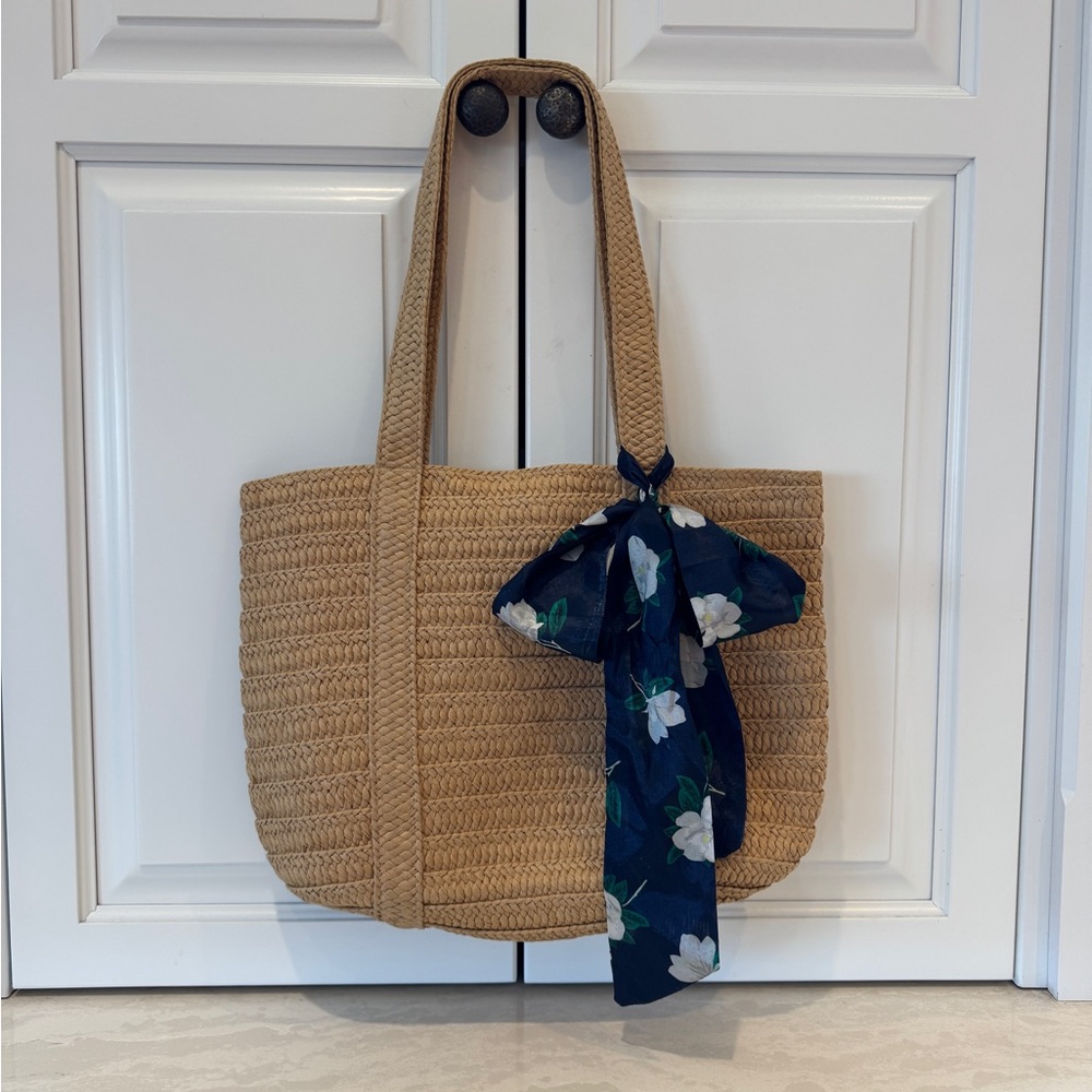 Draper James Tan Woven Tote with Navy Floral Scarf